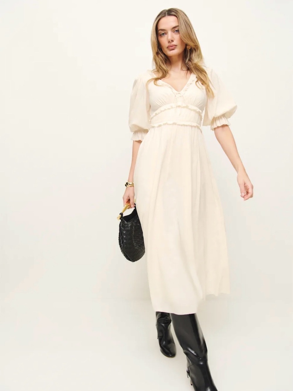 Reformation Cream V-Neck Midi Dress with Puff Sleeves